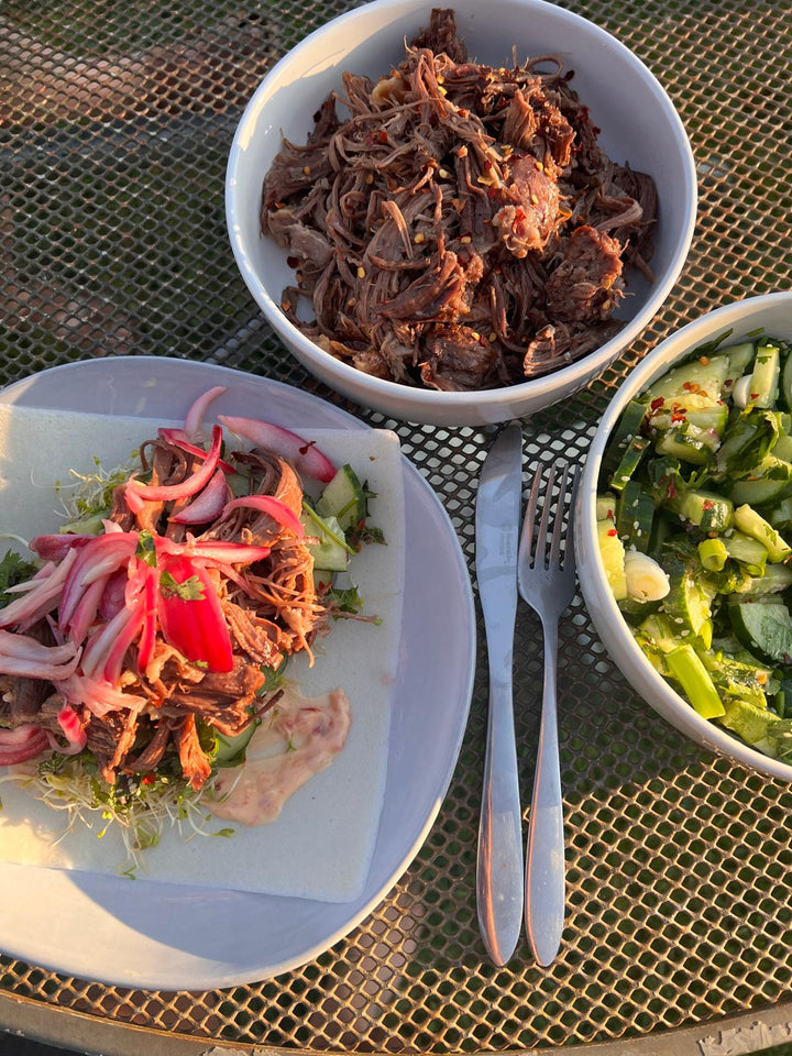 Pulled beef brisket & chilli yoghurt wraps