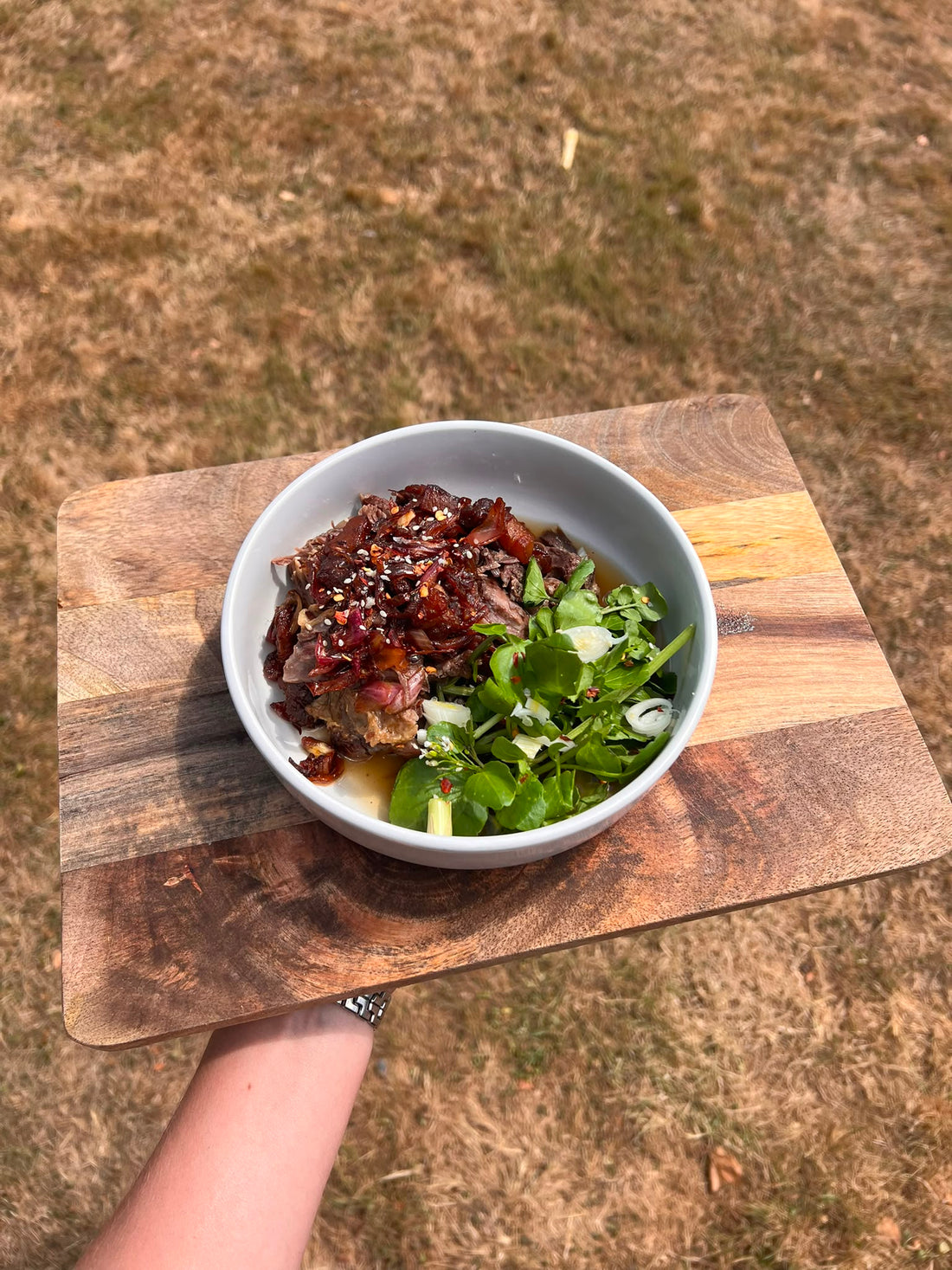 Beef with a pork belly chutney