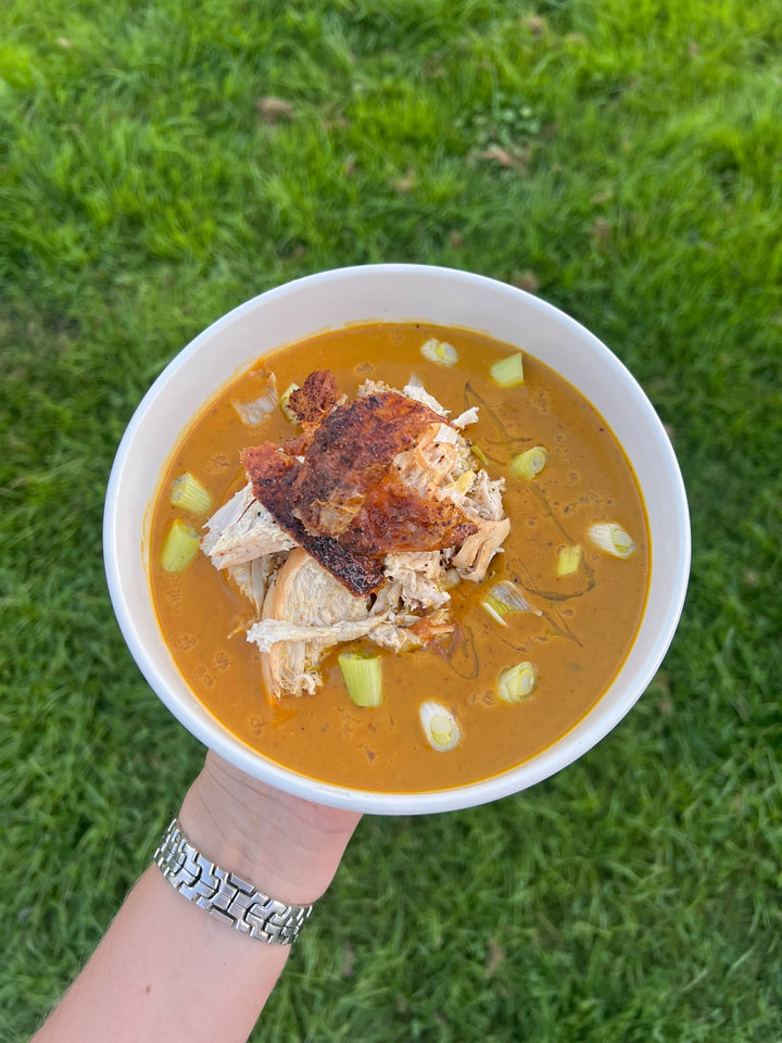 Thai red roasted squash soup with Asian chicken
